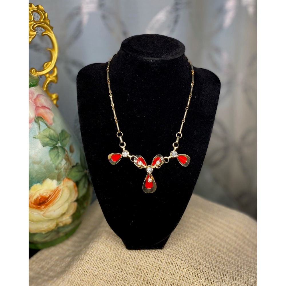 Vintage MCM Rhinestone & Red Enamel Gold Tone Necklace